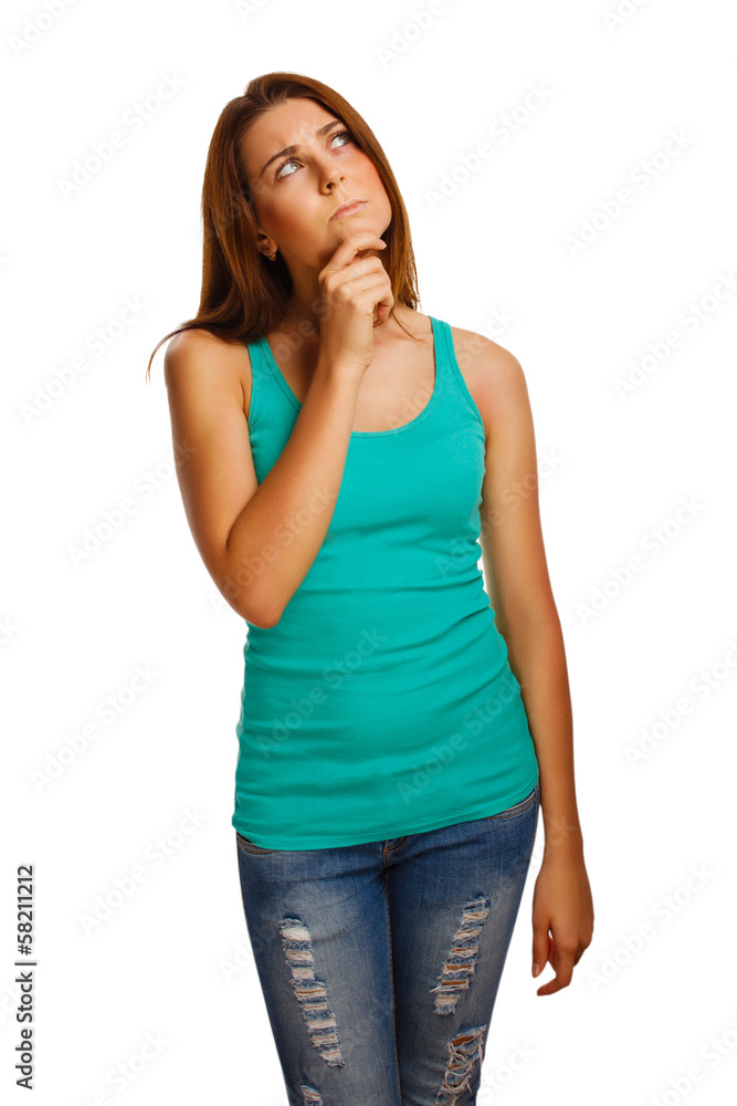 woman thinks his hand on the chin in vest woman thinks his hand on the chin in vest