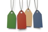 four colored paper tags with shadow on white background
