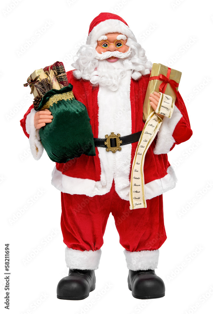 Santa Claus doll with presents and name list - frontal view Santa Claus doll with presents and name list - frontal view
