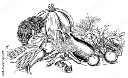 Vintage retro woodcut vegetables