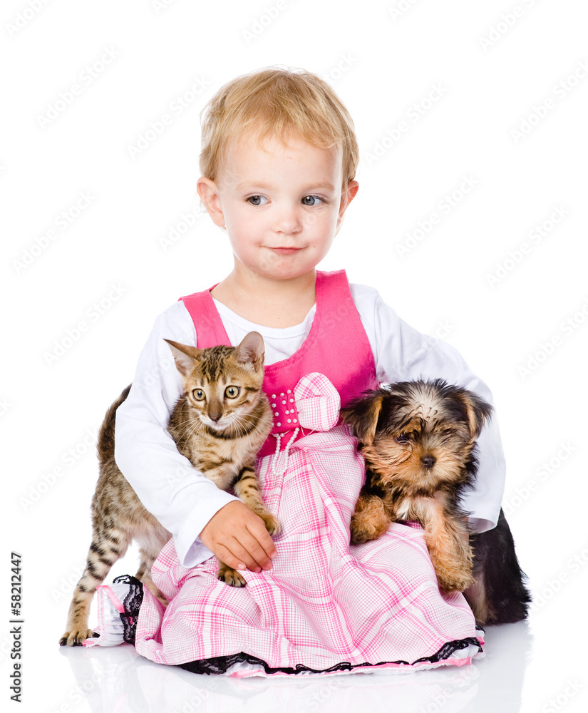 little girl hugging a kitten and a puppy. isolated on white little girl hugging a kitten and a puppy. isolated on white
