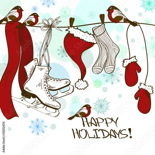Winter card with skates and Santa's clothes