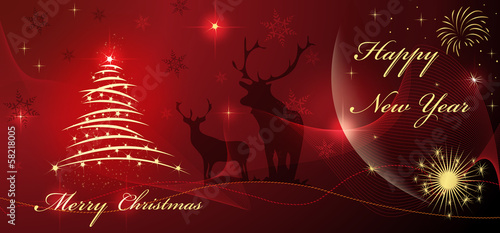 Christmas and happy new year card, tree and star, red background