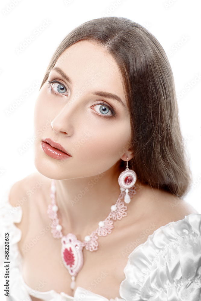 Beautiful woman with pink brooch Beautiful woman with pink brooch