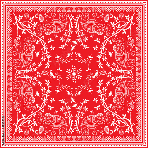 Red and white Elephant Asian square Scarf or Bandana