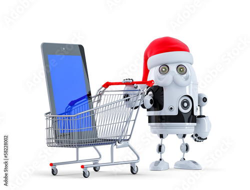 Robot Santa with tablet computer and shopping cart