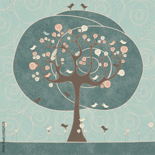 Abstract tree with birds and roses on blue background. Vector