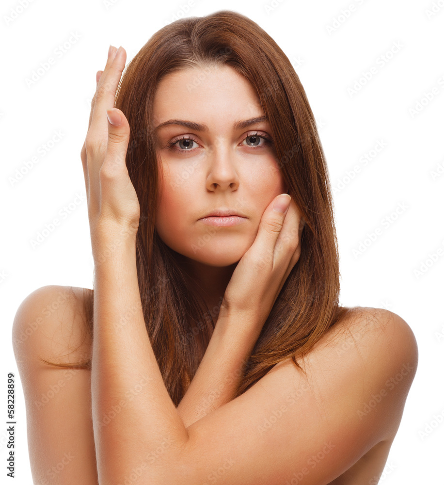 girl portrait women perfect skin and hands eyes isolated on whit