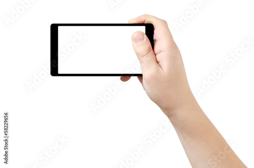Right hand holding thin frame smart phone, clipping path