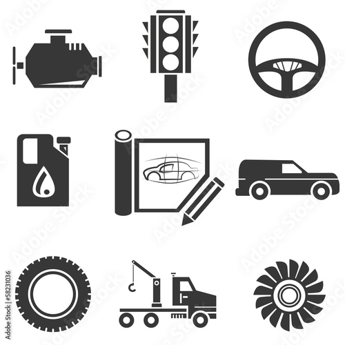 automotive icons, car parts and garage icons