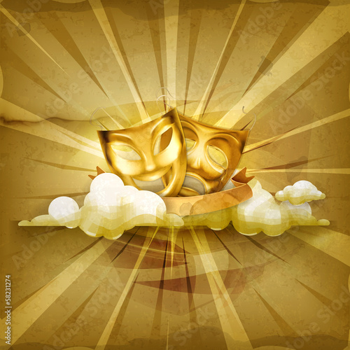 Gold theater masks, old style background