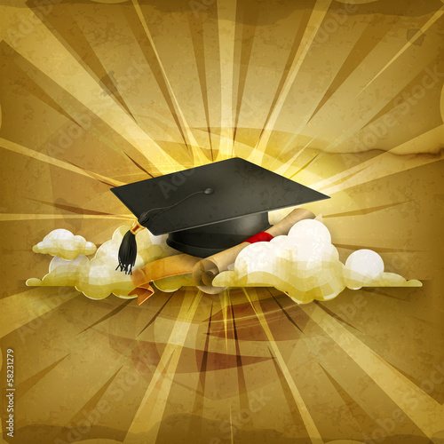 Graduation cap and diploma, old style background