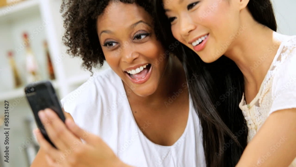 Girls Chatting Friends Using Smart Phone Video Messaging Girls Chatting Friends Using Smart Phone Video Messaging