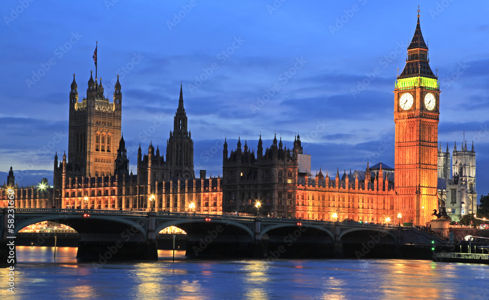 Houses of Parliament and Big Ben at sunset, London, England