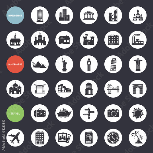 Set of web icons for buildings, landmarks and travel