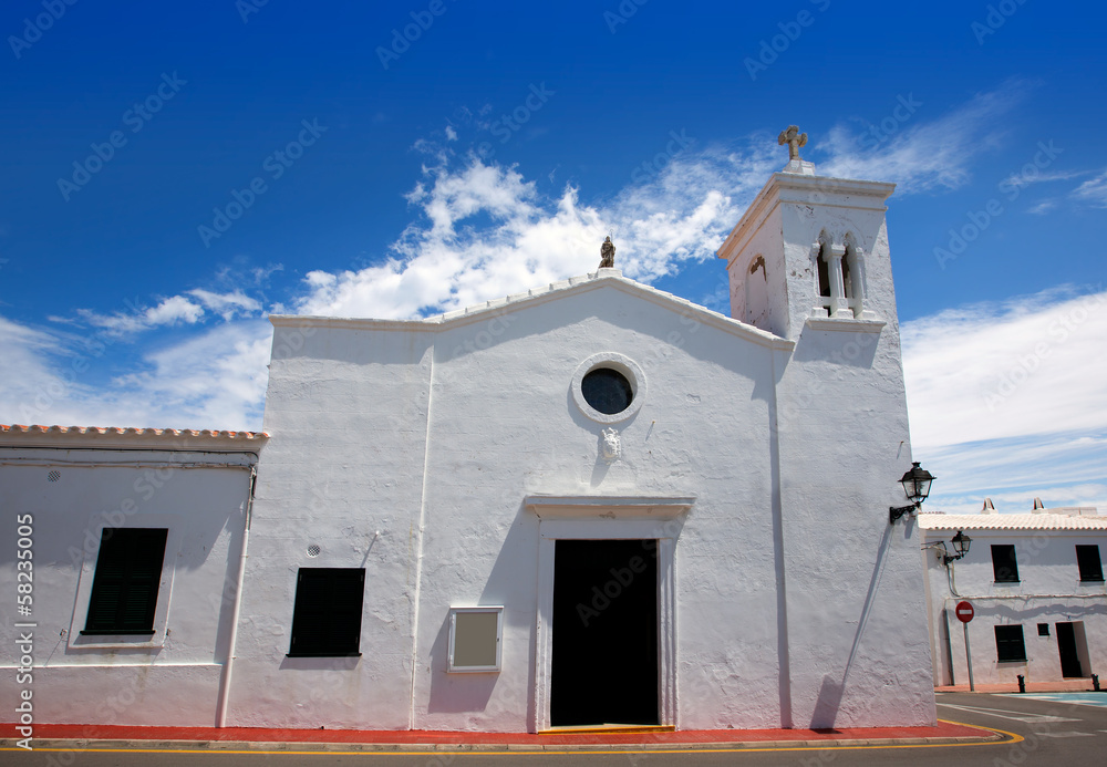 Fornells white church in Menorca at Balearic islands