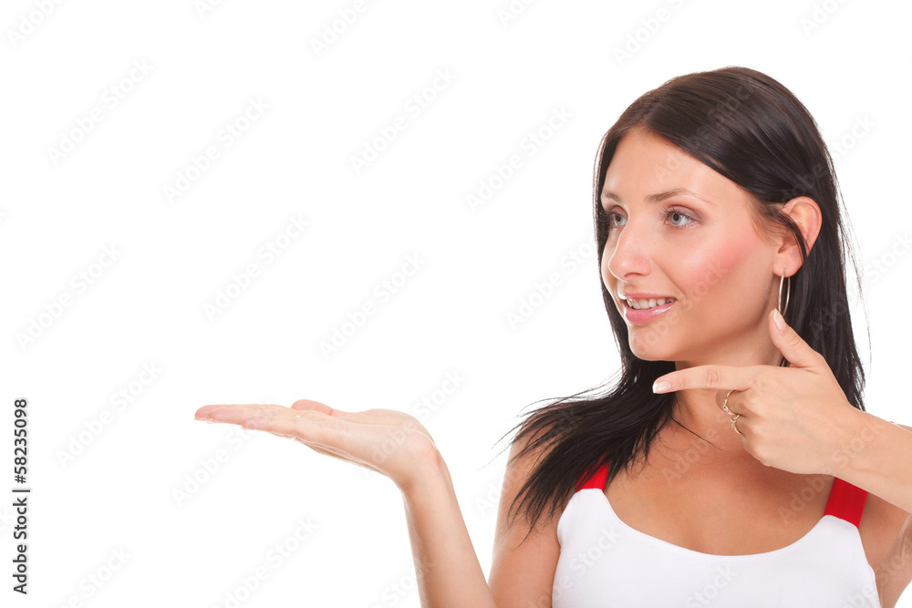Young woman showing product open hand palm excited expression Young woman showing product open hand palm excited expression