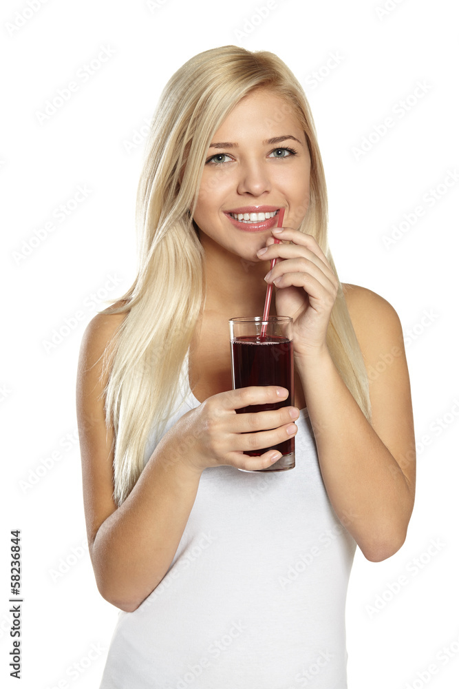 Young girl in white T-shirt with cherry juice Young girl in white T-shirt with cherry juice