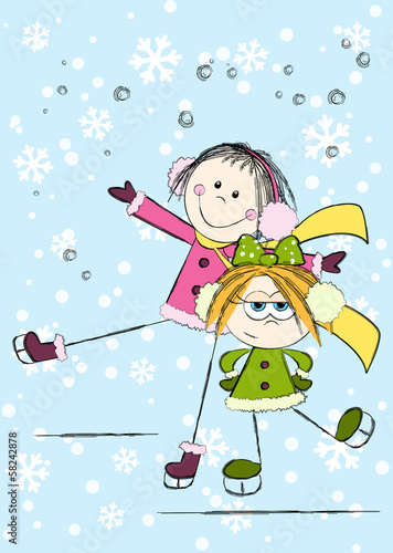 Funny girls on winter background