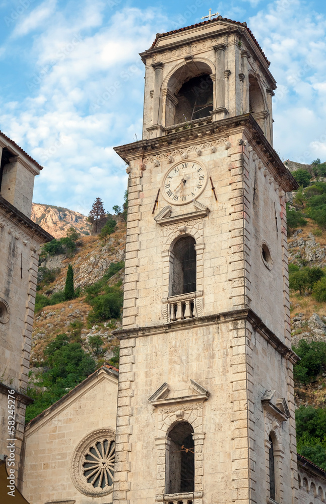 Tower with clock. Cathedral of St Tryphon, Kotor, Montenegro