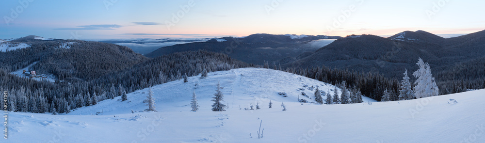 Predawn winter mountain panorama (Carpathian, Ukraine).