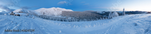Predawn winter mountain panorama (Carpathian, Ukraine).