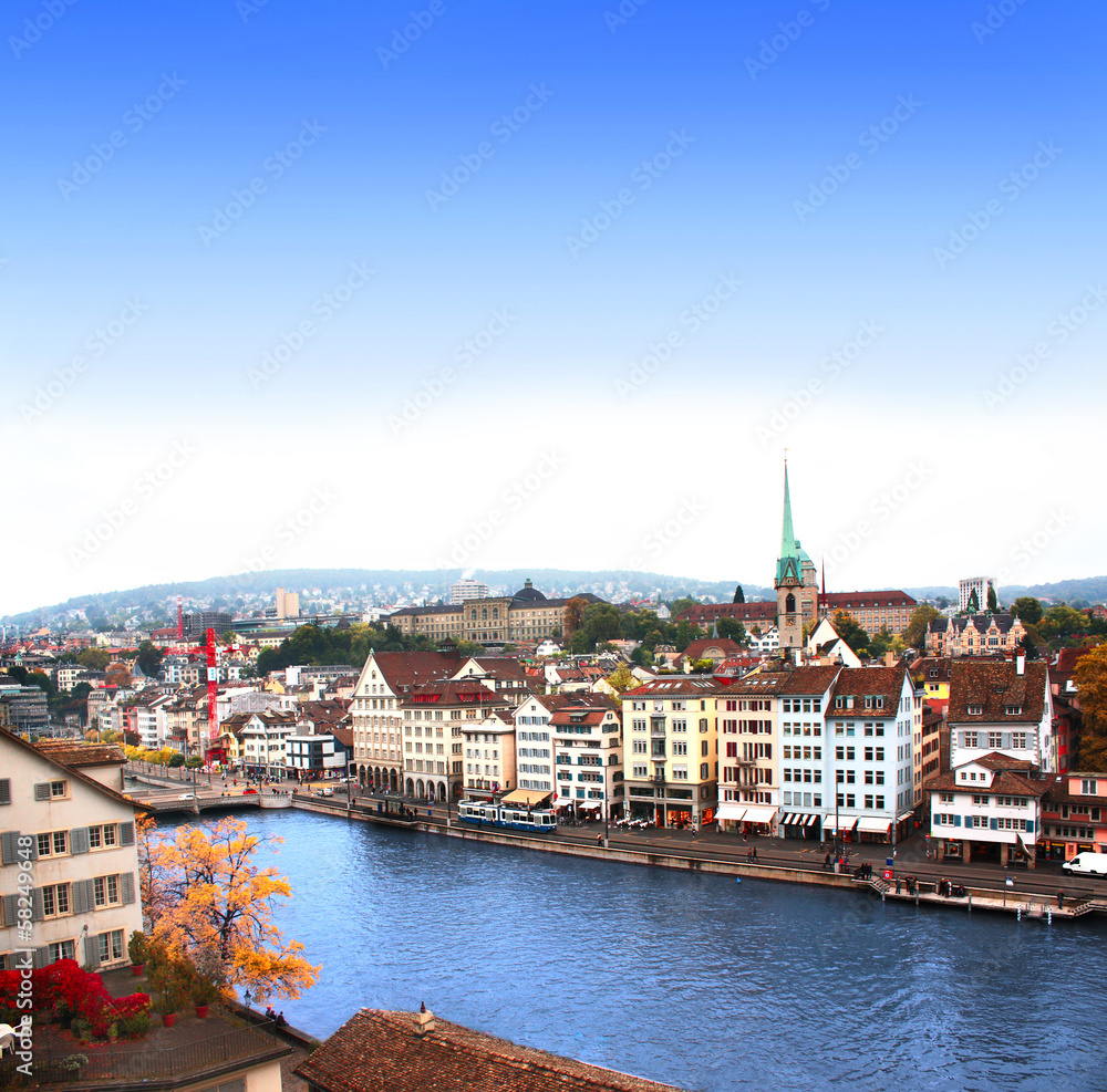 View of the embankment and Limmat river in Zurich