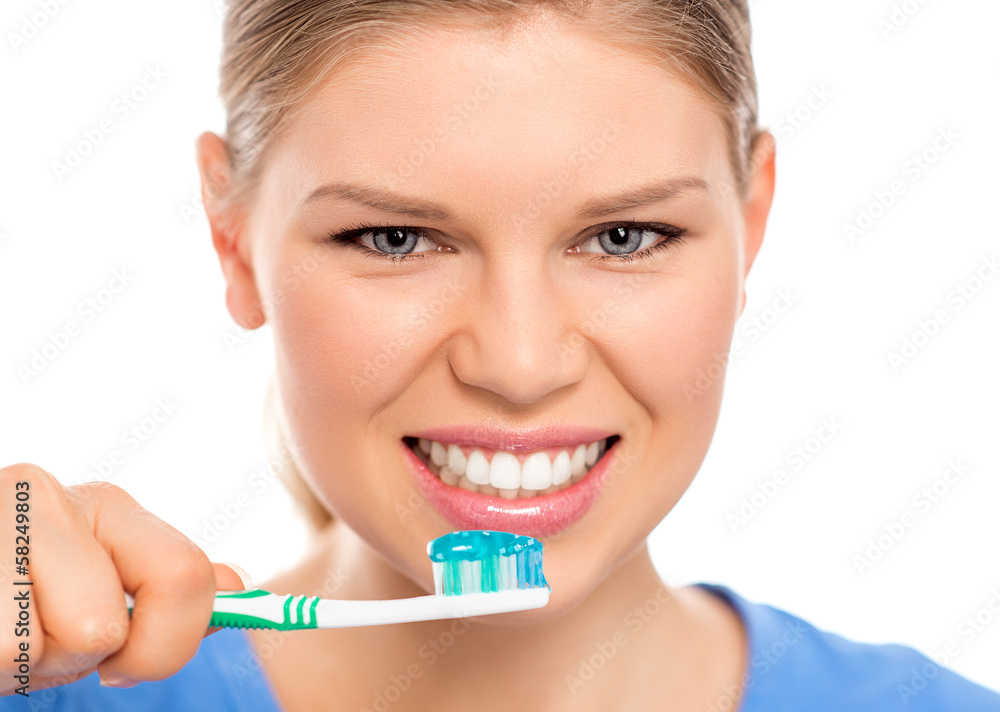 Dental care woman with tooth brush, isolated on white Dental care woman with tooth brush, isolated on white