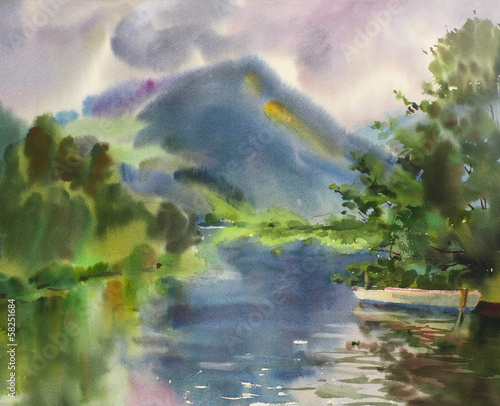 Mountain lake landscape painted by watercolor