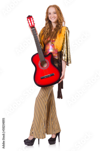 Young girl with guitar on white