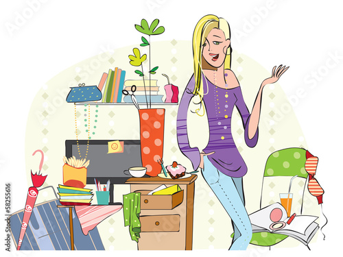 Young girl in a messy room
