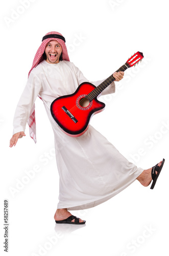 Arab man playing guitar isolated on white