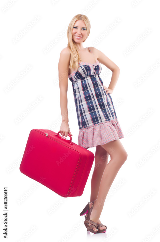 Woman preparing for vacation with suitcase on white Woman preparing for vacation with suitcase on white