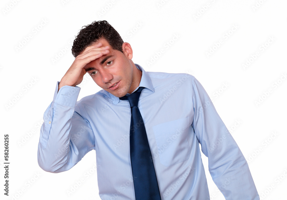 Stress adult man with headache standing Stress adult man with headache standing
