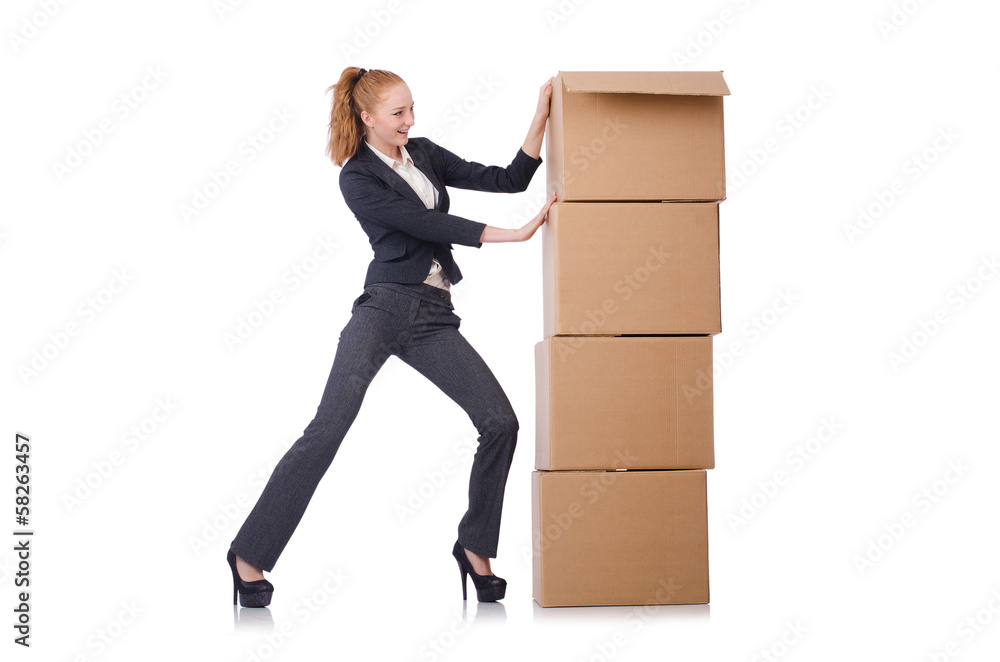 Woman businesswoman with boxes on white