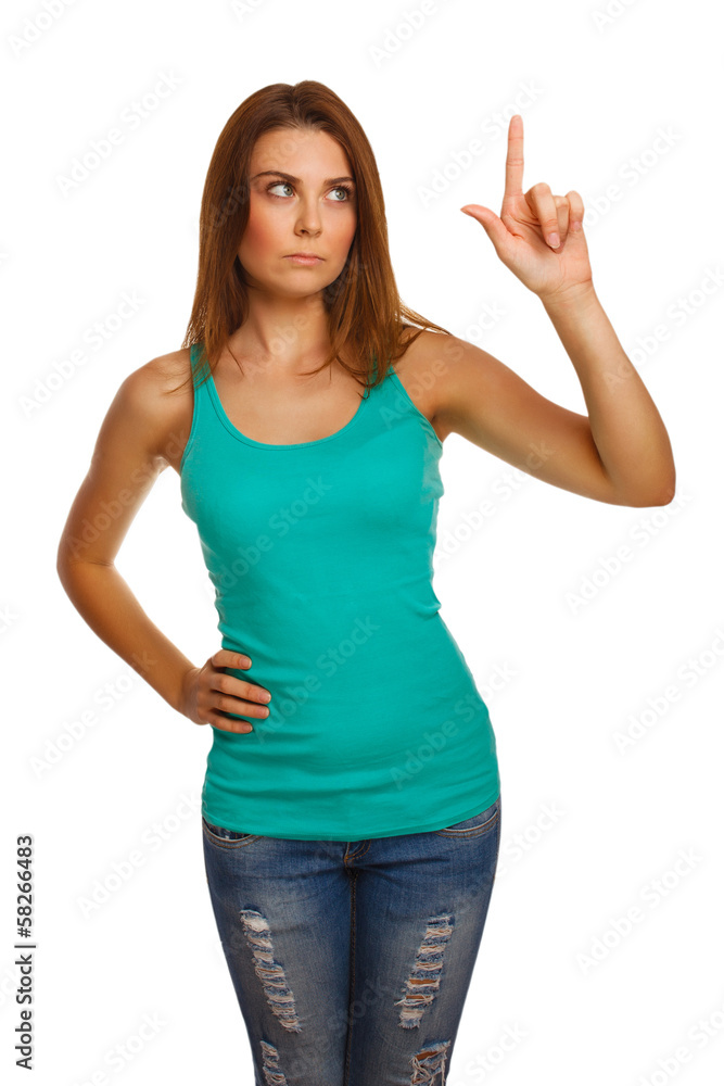 presses woman touch screen points finger button, press isolated presses woman touch screen points finger button, press isolated