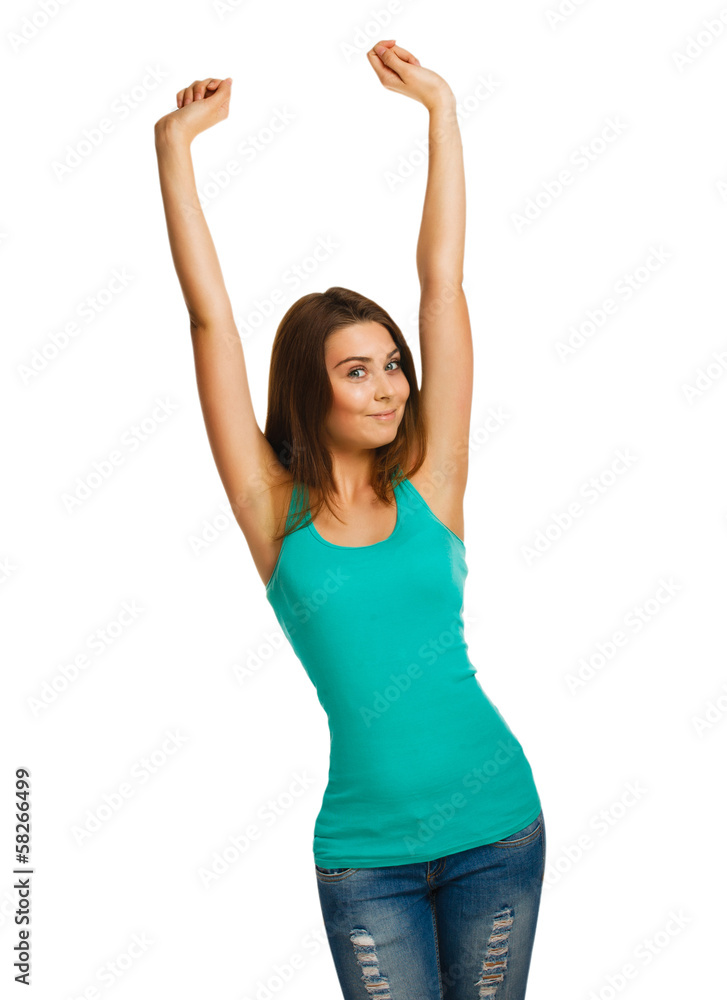 pretty woman raised her hands up happy success look vest and jea pretty woman raised her hands up happy success look vest and jea