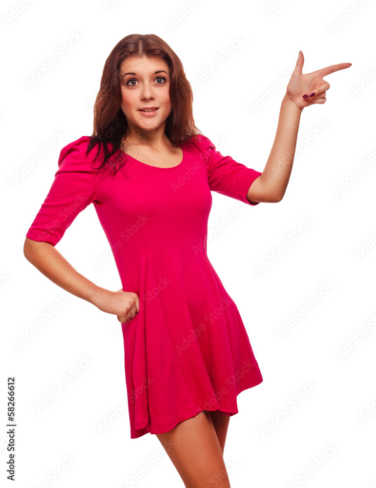surprised woman shows finger in the direction of a hand isolated surprised woman shows finger in the direction of a hand isolated