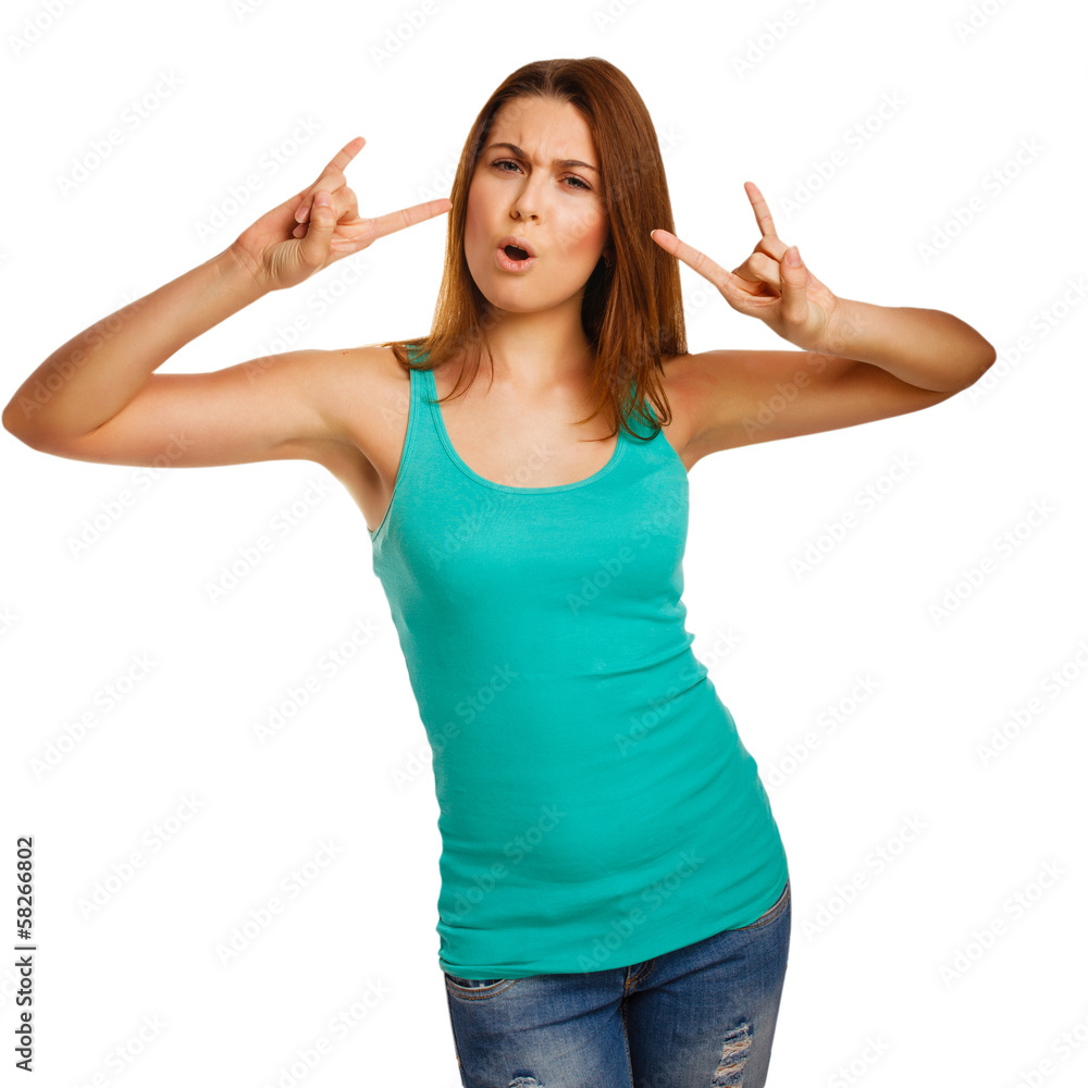 woman girl shows sign devil rock metal in jeans isolated studio woman girl shows sign devil rock metal in jeans isolated studio