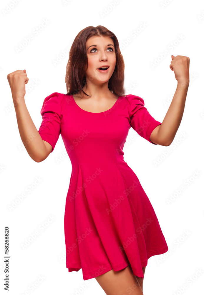 woman is experiencing success luck but shows sign isolated studi woman is experiencing success luck but shows sign isolated studi