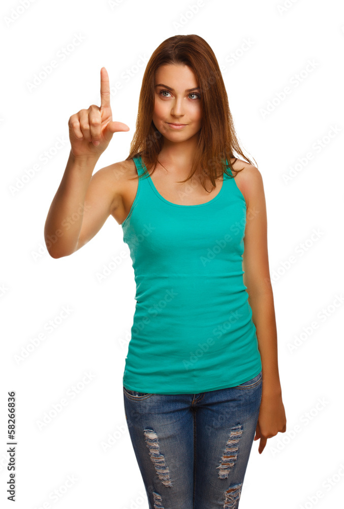 woman presses touch screen points finger button, press isolated woman presses touch screen points finger button, press isolated