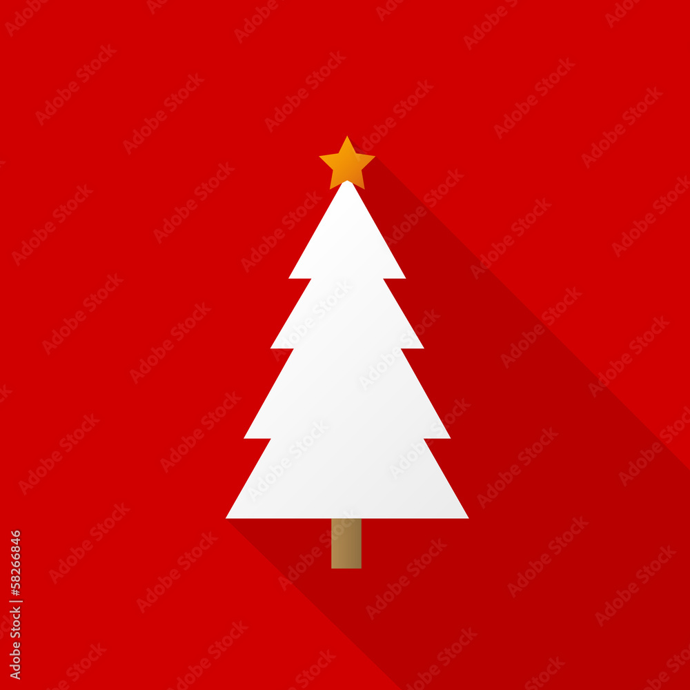 Weihnachtsbaum Icon mit langem Schatten auf rotem Hintergrund