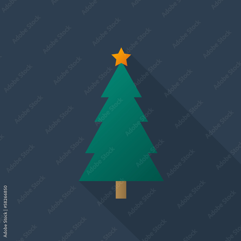 Christmas tree icon with long shadow on midnight blue background