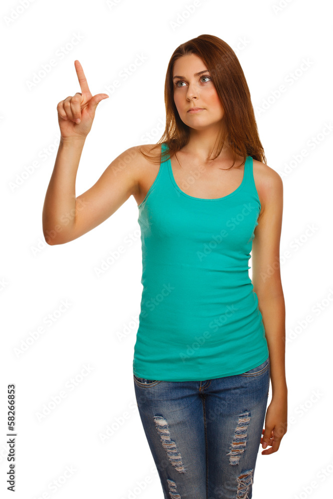 woman presses touch screen points finger button, press isolated woman presses touch screen points finger button, press isolated