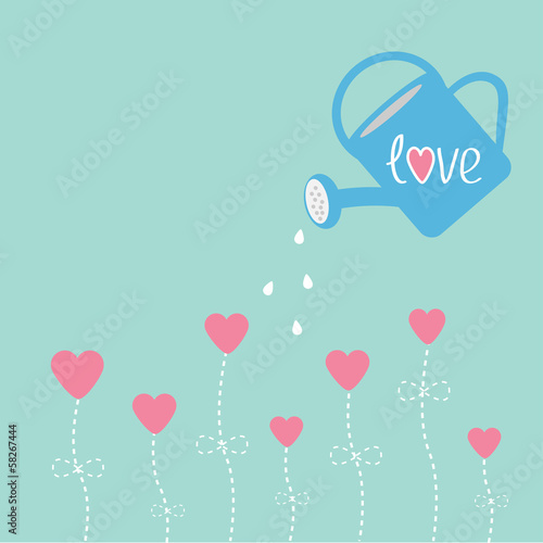 Water can and flowers in shape of heart. Love card.