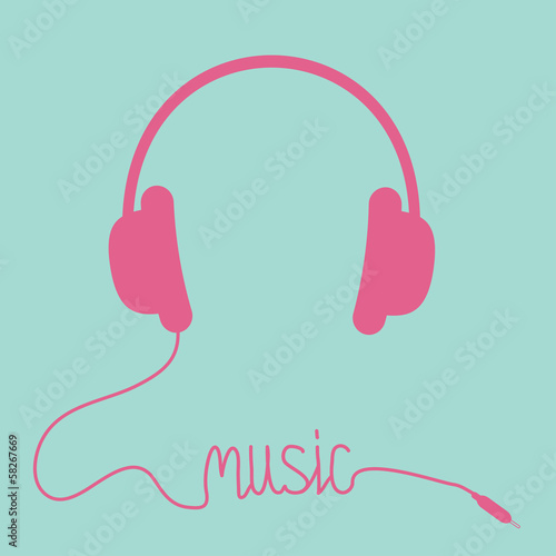 Pink headphones with cord  in shape of word Music. Card.