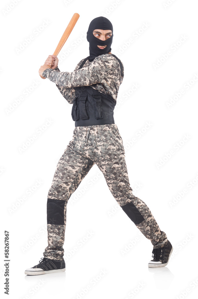 Soldier with baseball bat isolated on white Soldier with baseball bat isolated on white