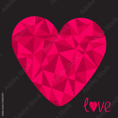 Big pink heart. Polygonal effect. Love card. Black background. © worldofvector