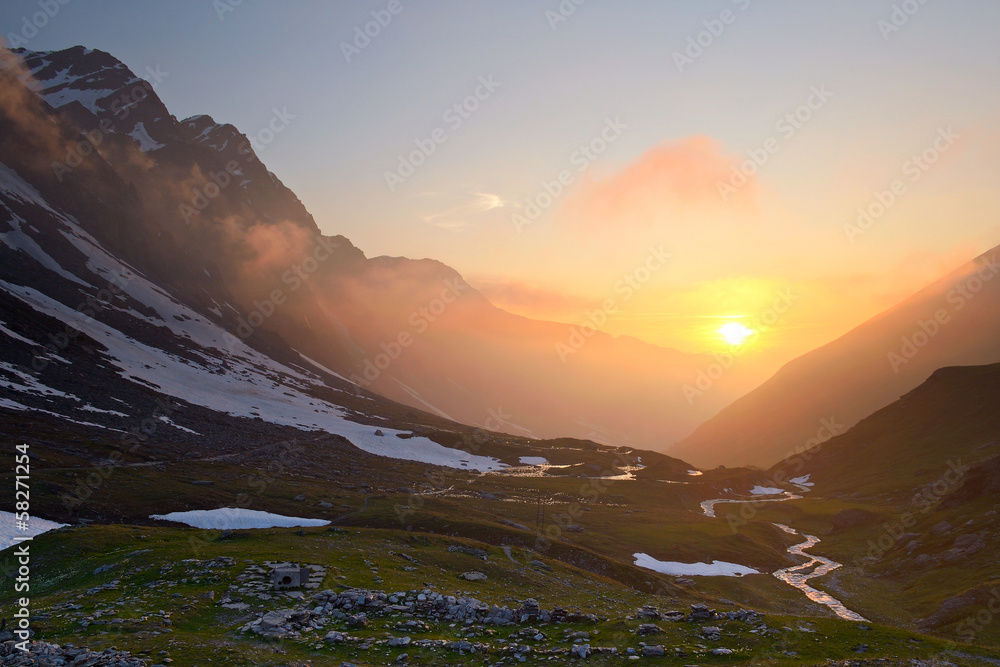 Alpine peaks at sunset