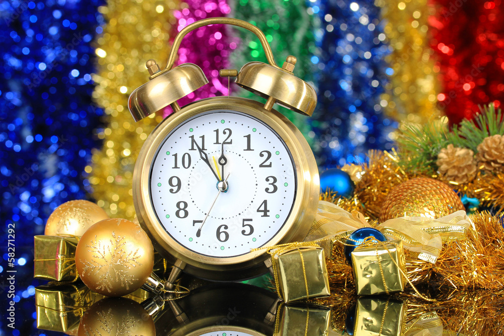 Composition of clock and christmas decorations Composition of clock and christmas decorations